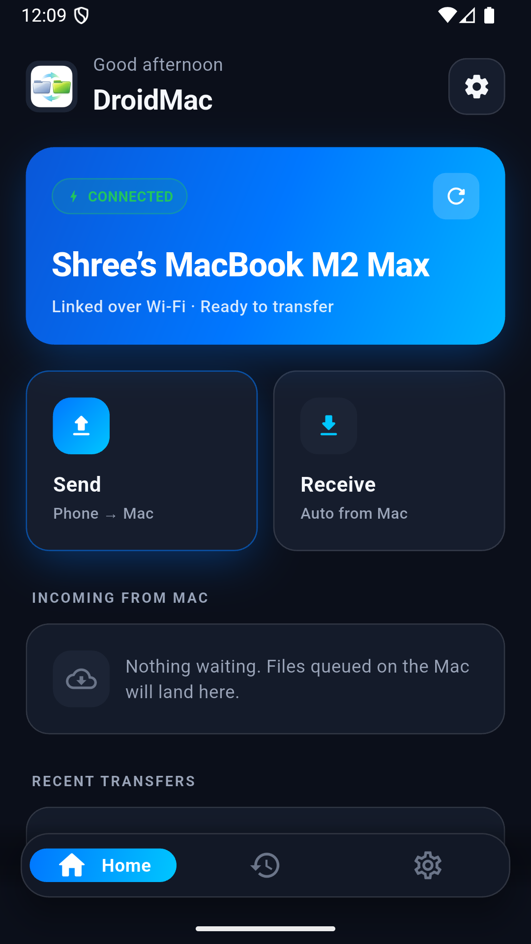 DroidMac Companion connected dashboard showing Send and Receive