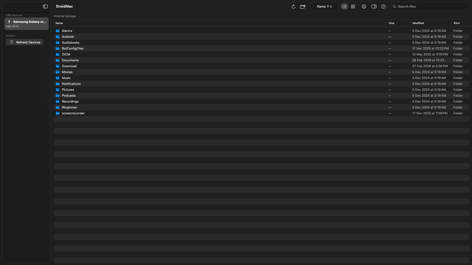 DroidMac file browser in list view showing internal storage folders