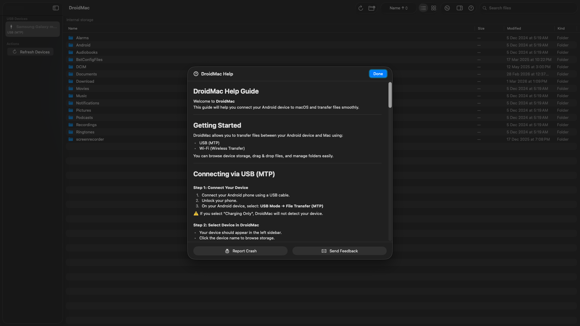 DroidMac in-app help guide