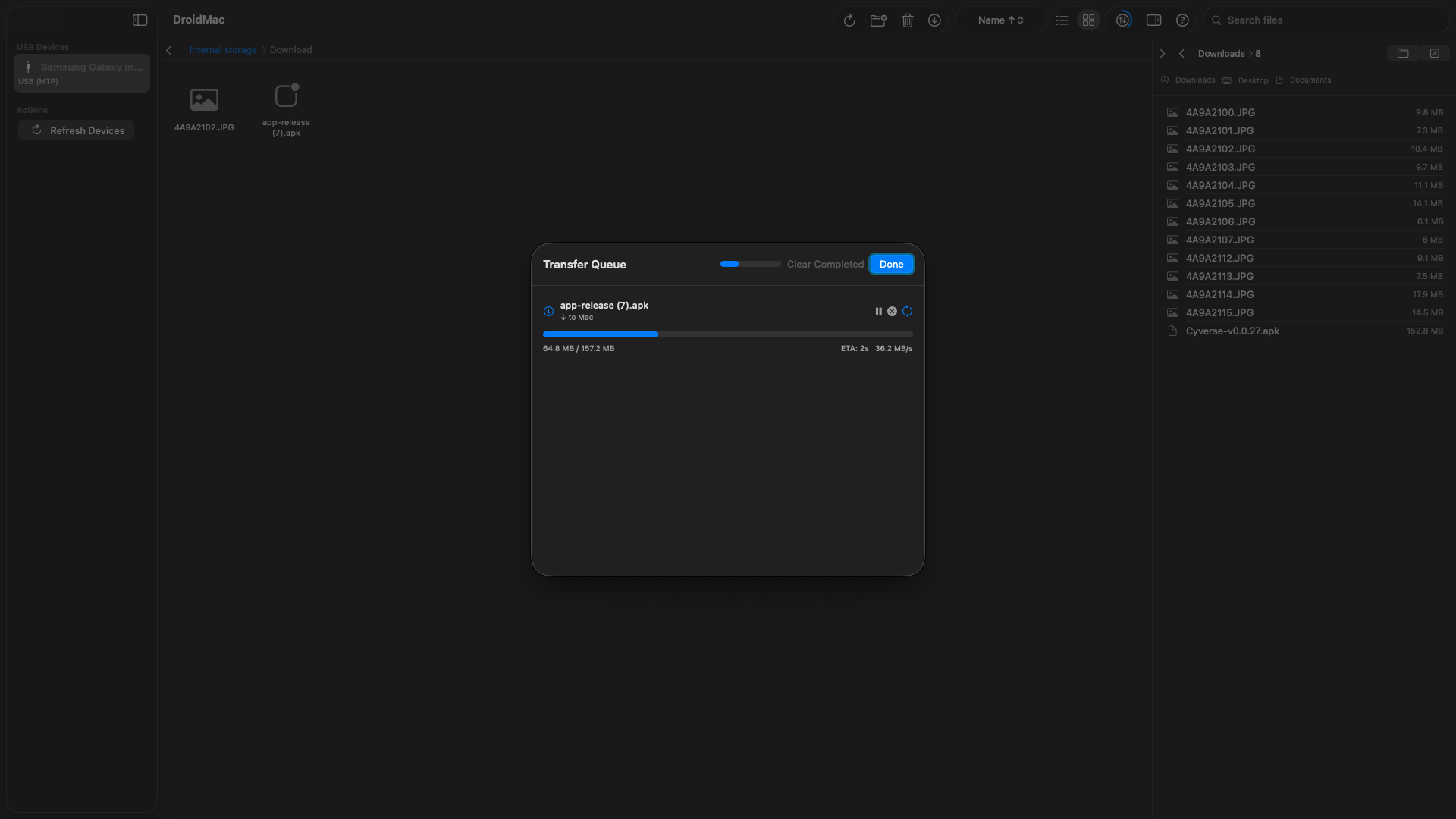 DroidMac Transfer Queue showing real-time file transfer progress